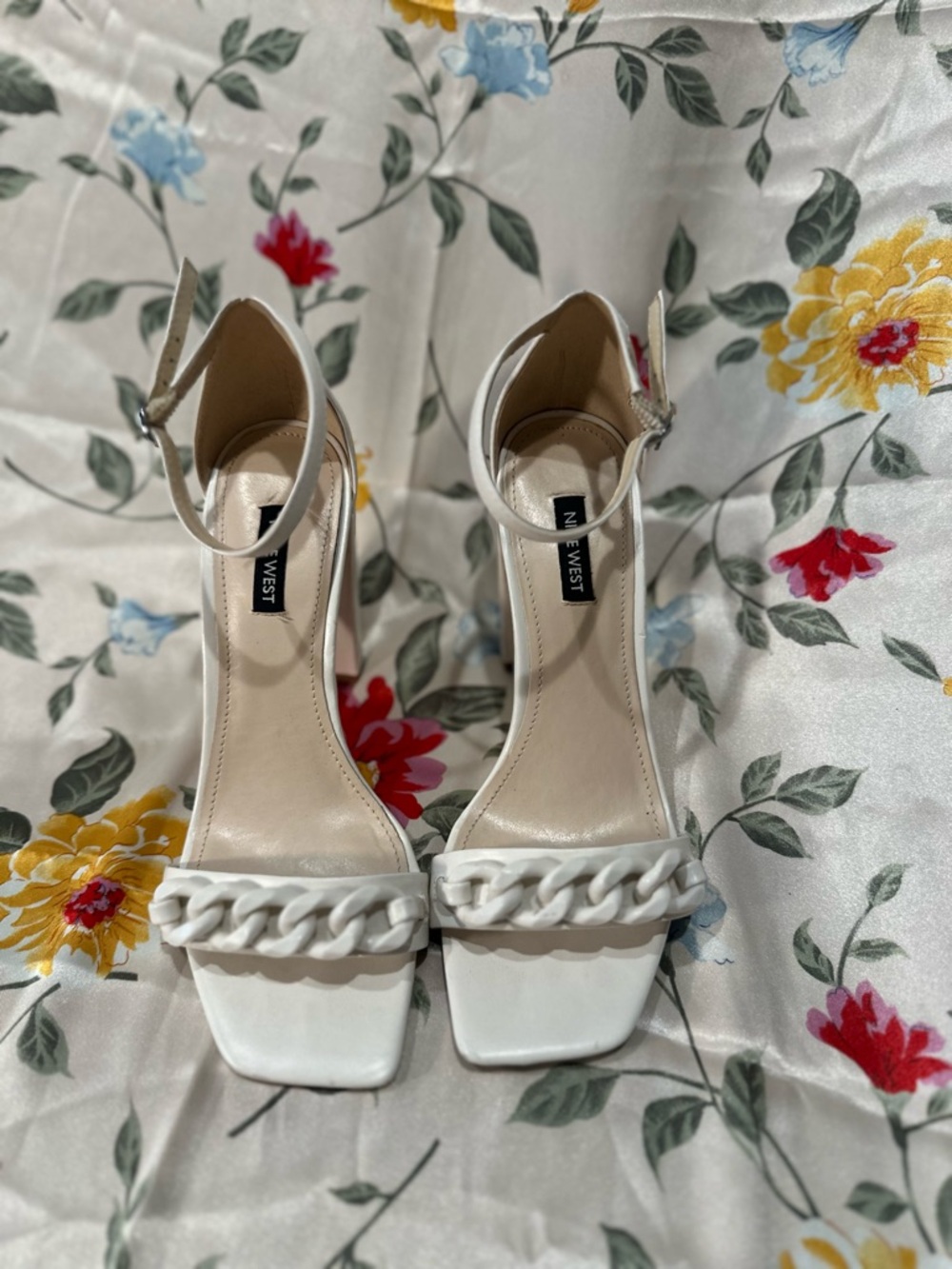 Nine West White Chain-Accent Ankle-Strap Heels